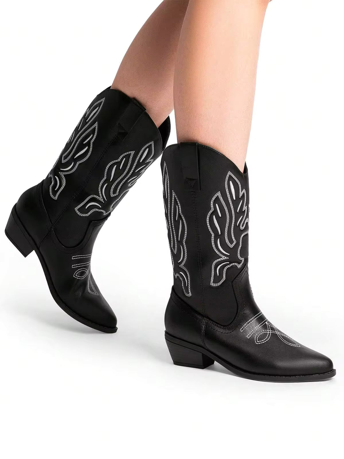 Women's Cowboy Boots Embroidery Stitching Pull-On  Almond Pointed Toe Chunky Heel Fashion Matching Dress Mid-Calf Black Boots