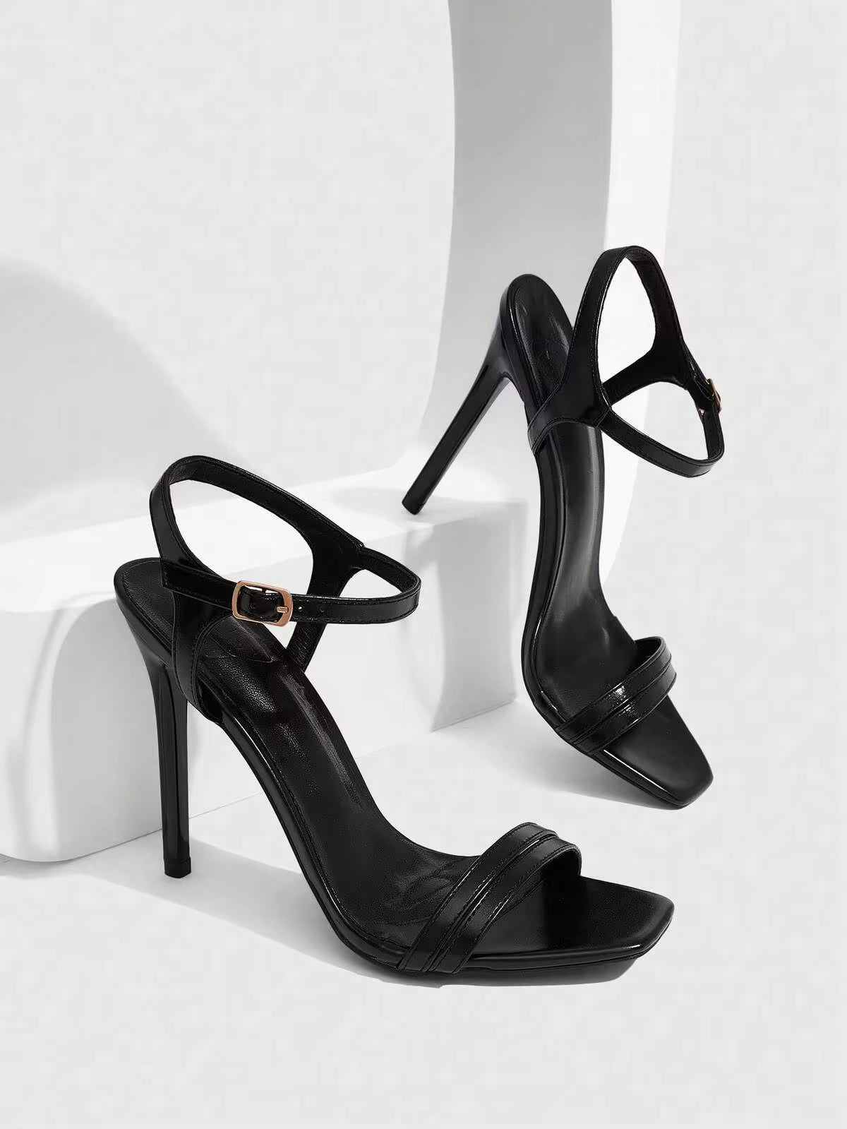 CUCCOO SZL Women's High Heel Square Toe Black Fashion Sexy Sandals